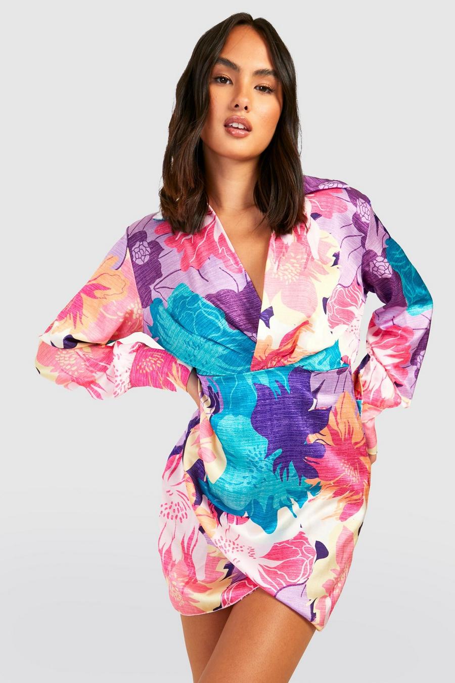 Robe chemise satinée à imprimé fleuri, Purple image number 1
