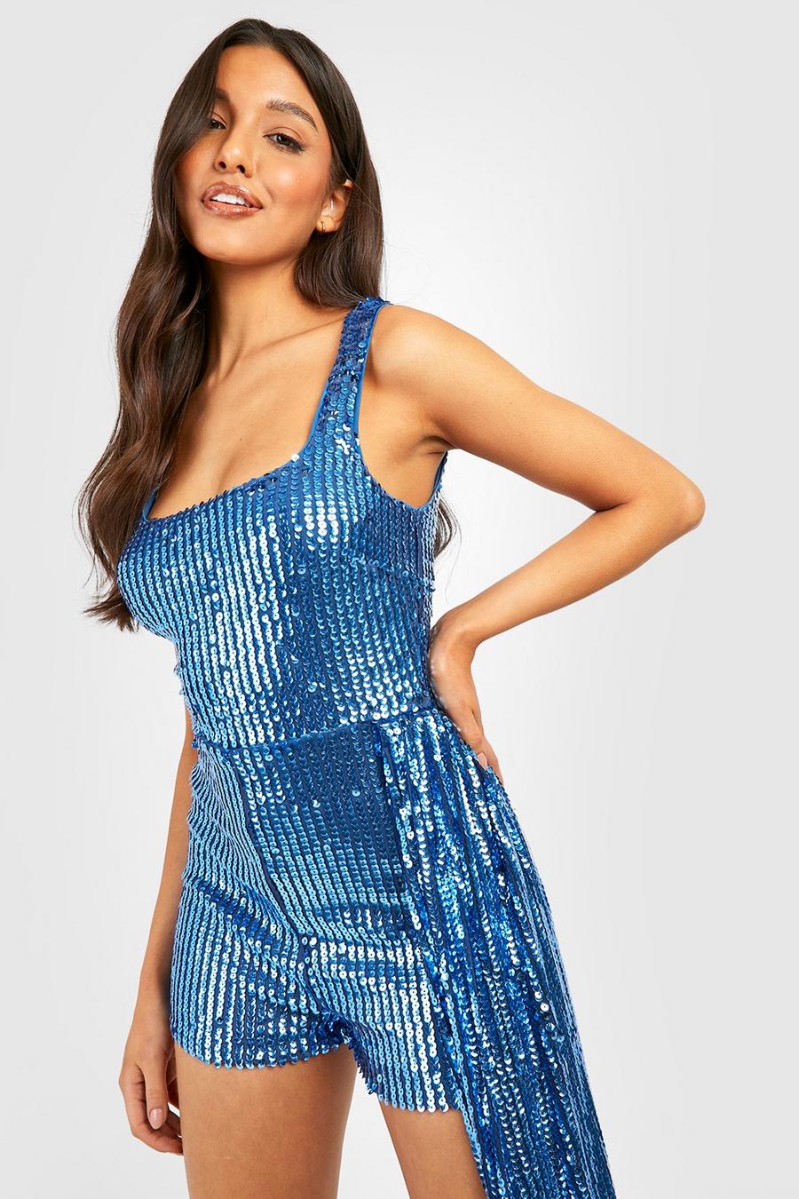 Blue Strappy Drape Detail Playsuit image number 1