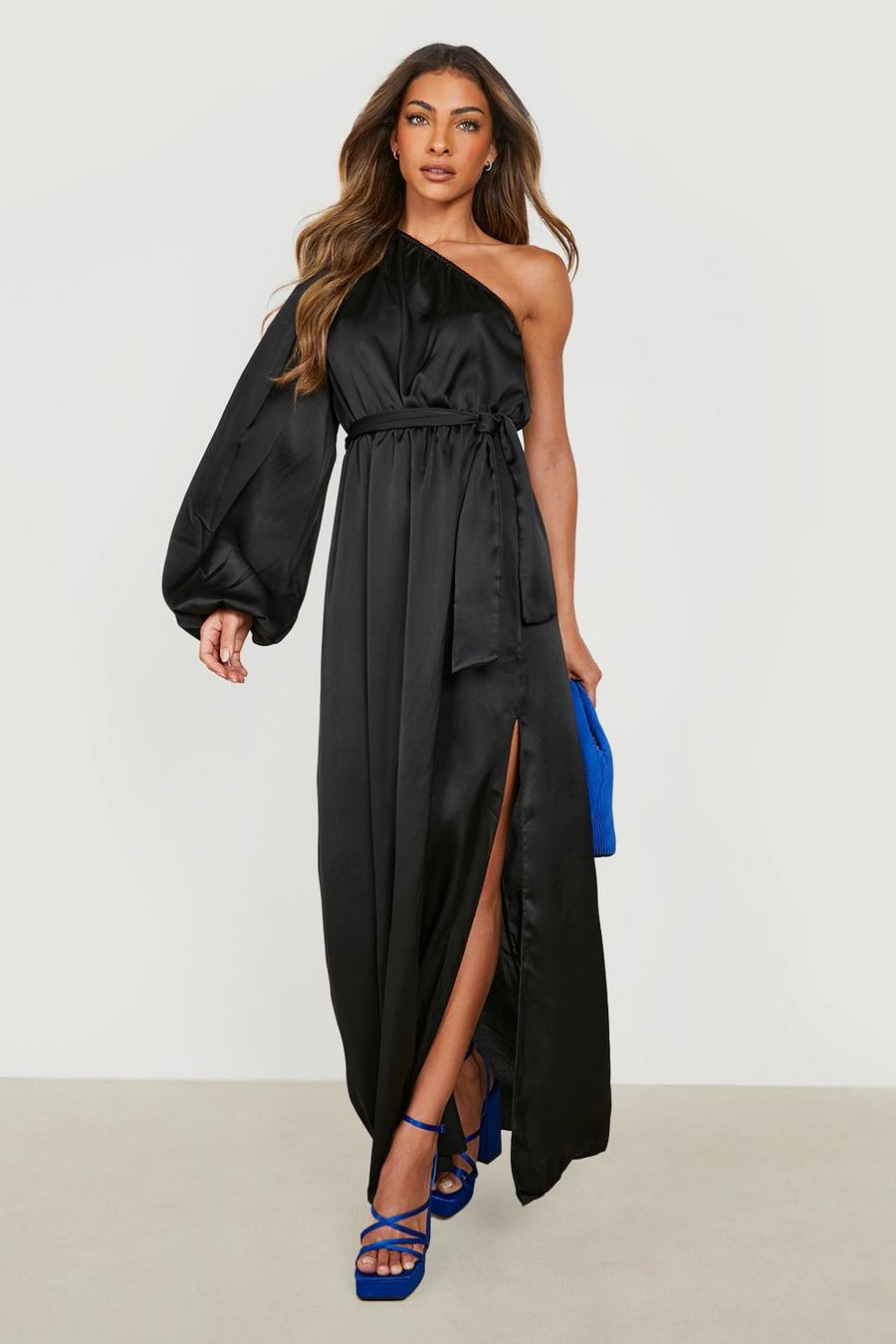 Black One Shoulder Volume Sleeve Belted Midaxi Dress
