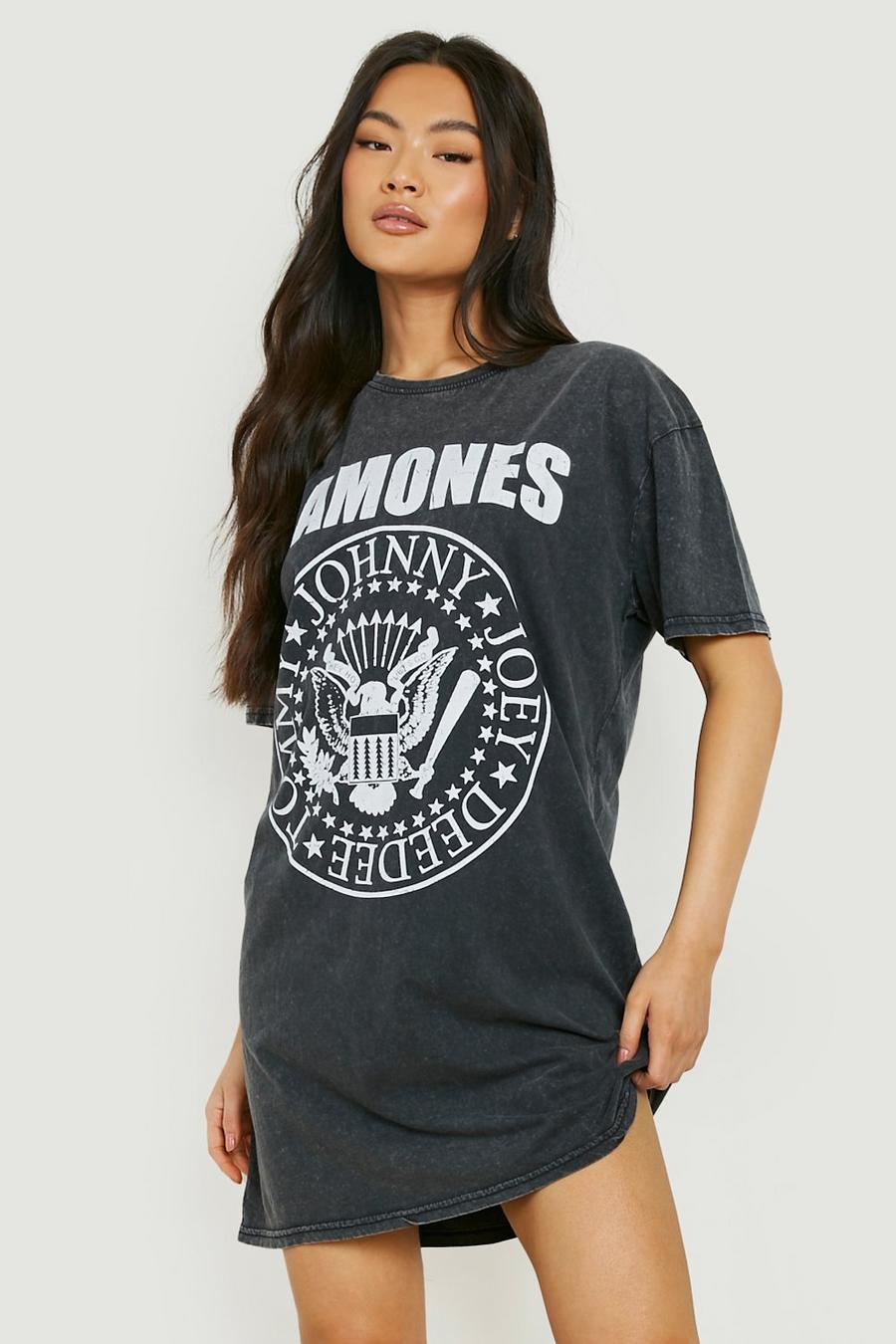 Vestido camiseta con lavado de ácido y estampado de Ramones, Charcoal grey
