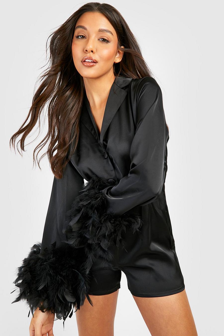 Black Feather Cuff Tailored Satin Playsuit