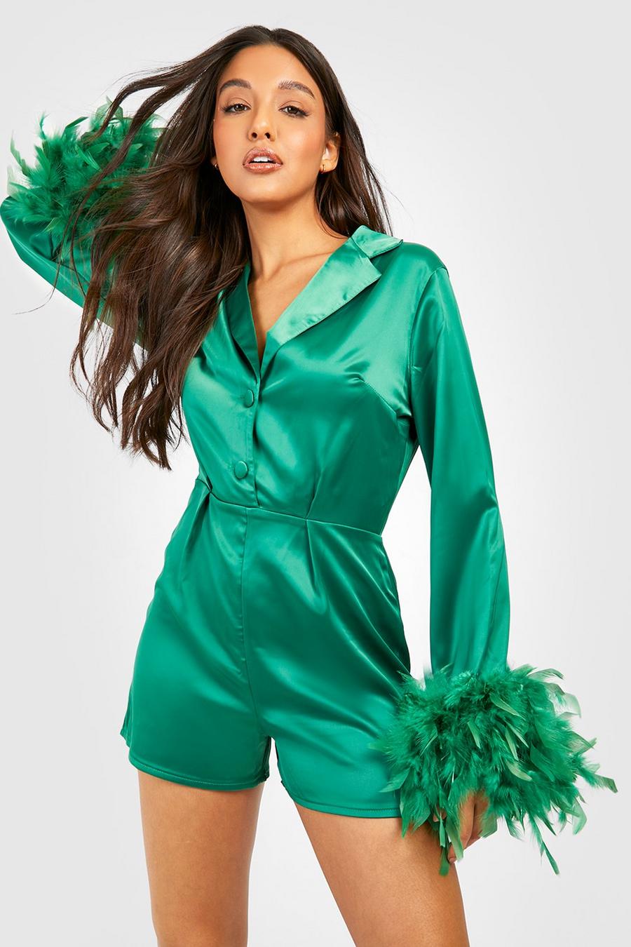 Emerald Feather Cuff Tailored Satin Playsuit image number 1