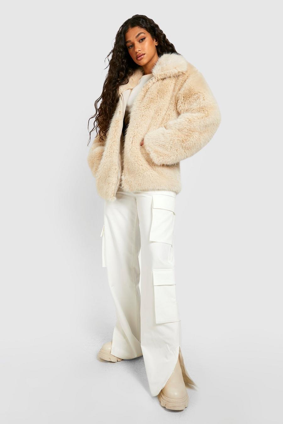 Off white Premium Oversized Collar Faux Fur Coat image number 1