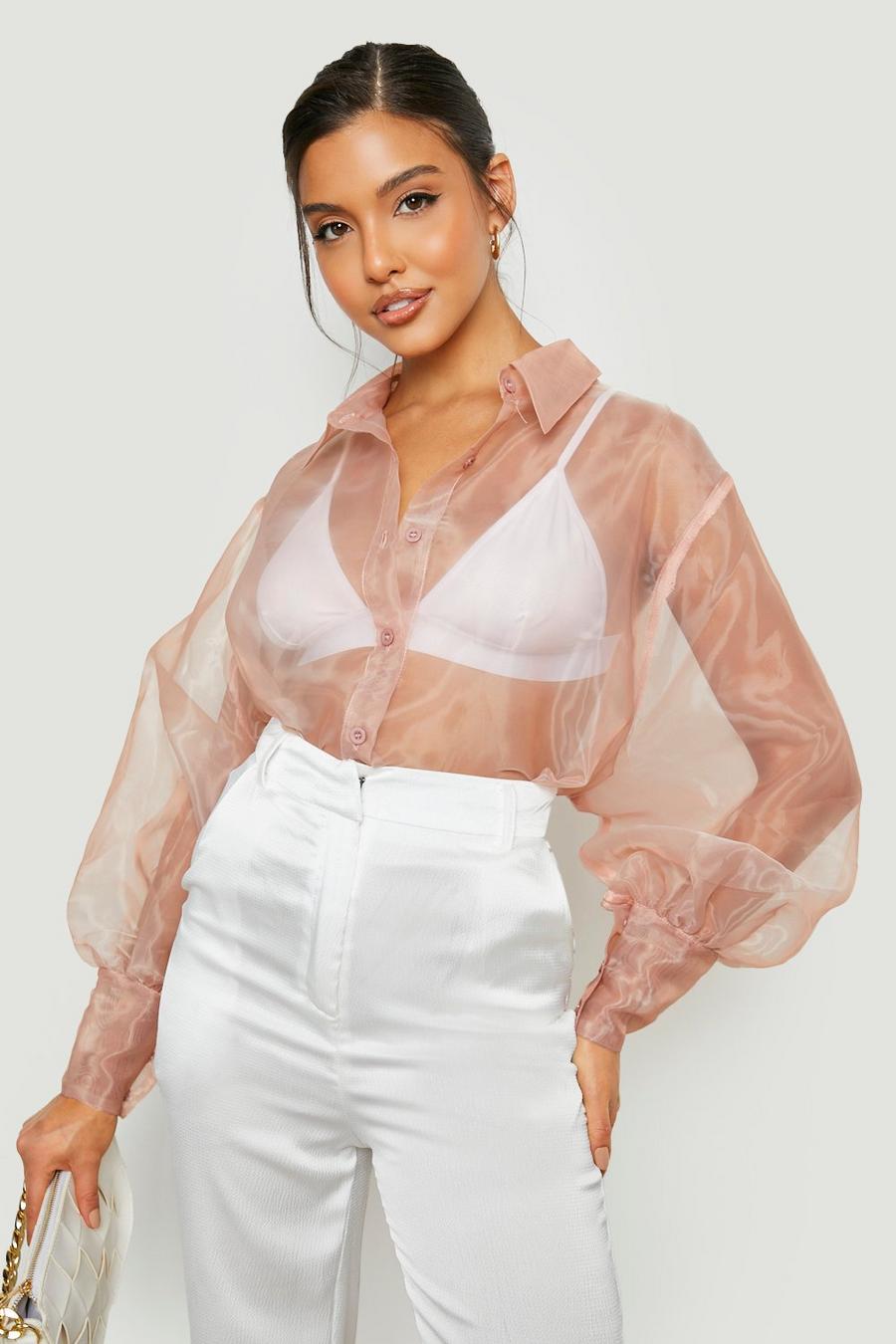 Rose Organza Balloon Sleeve Oversized Shirt image number 1