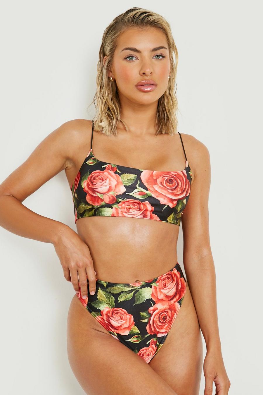 Bikini à imprimé roses avec haut brassière et bas taille haute, Black image number 1