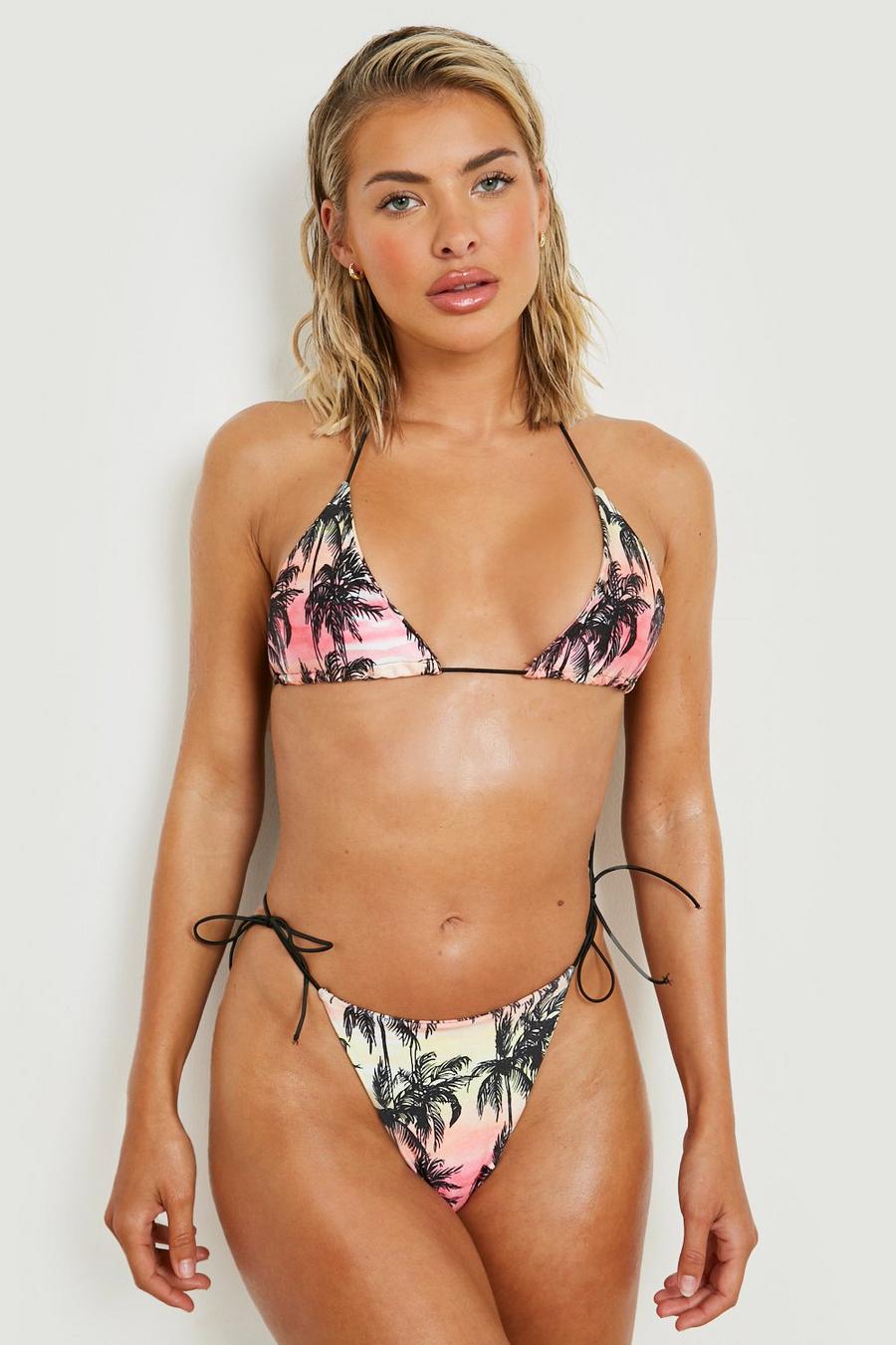 Bikini à imprimé palmier avec haut triangle et bas noué, Pink image number 1