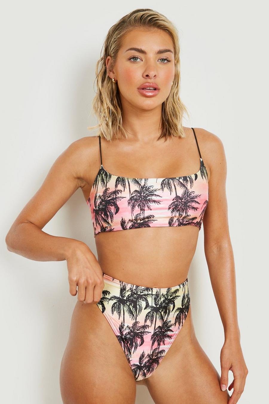 Bikini surteint à imprimé palmier avec haut brassière et bas taille haute, Pink image number 1