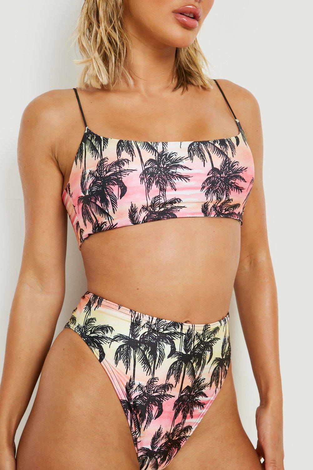 Ombre Palm Tree Skinny Strap Bikini Set