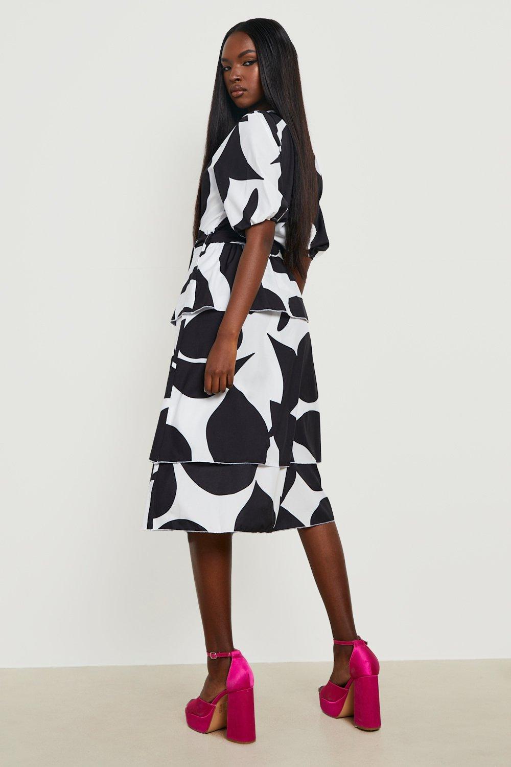 Abstract Printed Belted Tiered Midi Dress | boohoo Abstract Printed Belted Tiered Midi Dress | boohoo