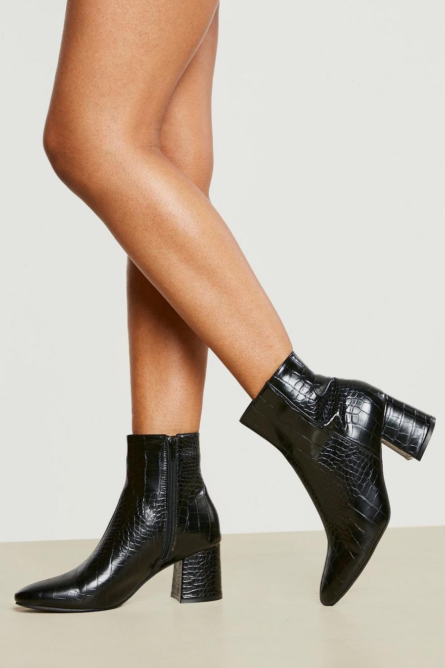 Black Croc Block Heel Shoe Boots 