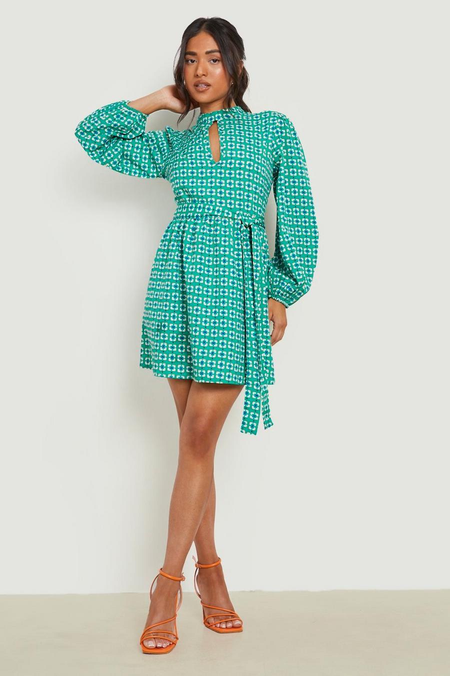 Green Petite High Neck Puff Sleeve Smock Dress image number 1