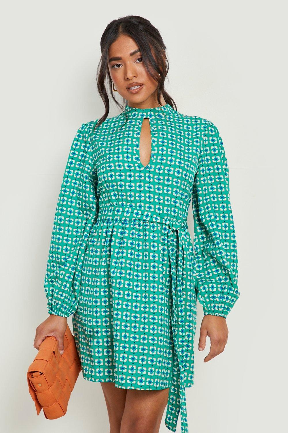 Petite High Neck Volume Sleeve Smock Dress boohoo