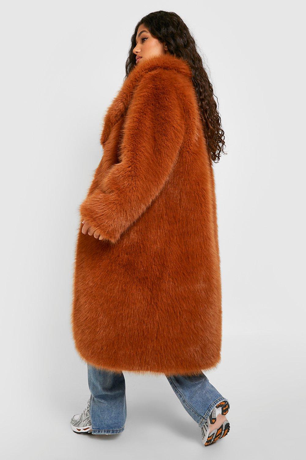 boohoo Double Breasted Faux Fur Coat - Brown - Size 10