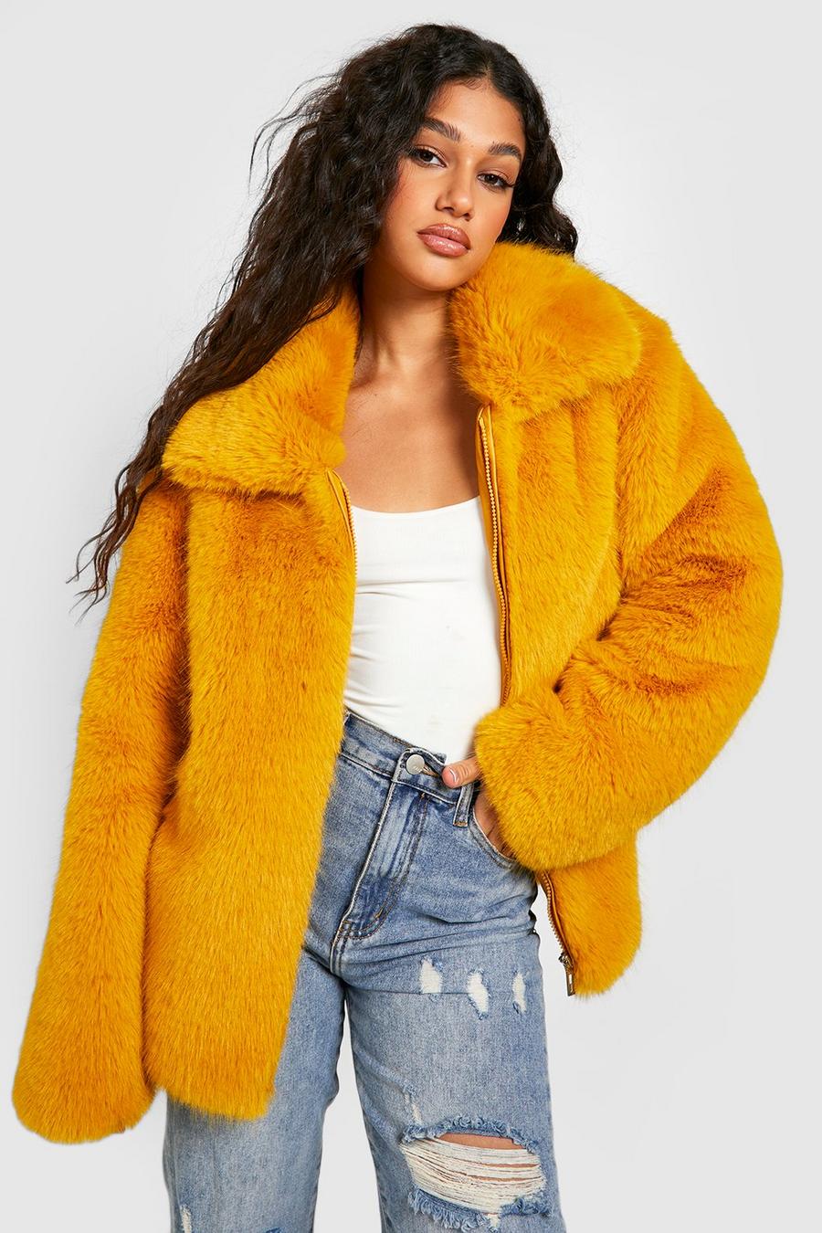 Mustard Premium Oversized Collar Faux Fur Coat  image number 1