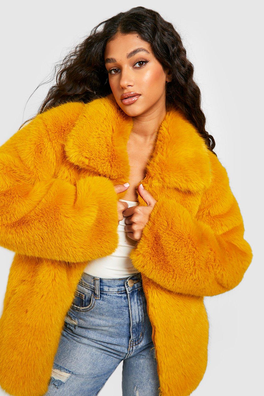 MDG Women's Fine Fashion Golden Yellow Coat Jacket Premium Quality Fur  Collar Designer Wool Coat Jacket