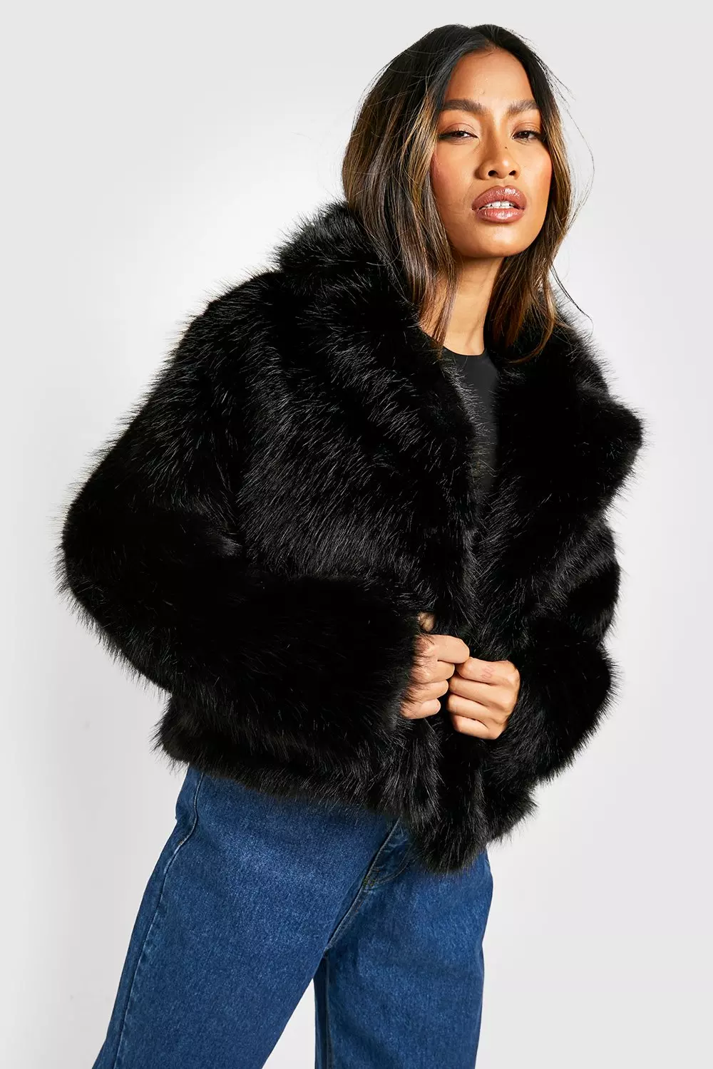 Short black faux cheap fur jacket