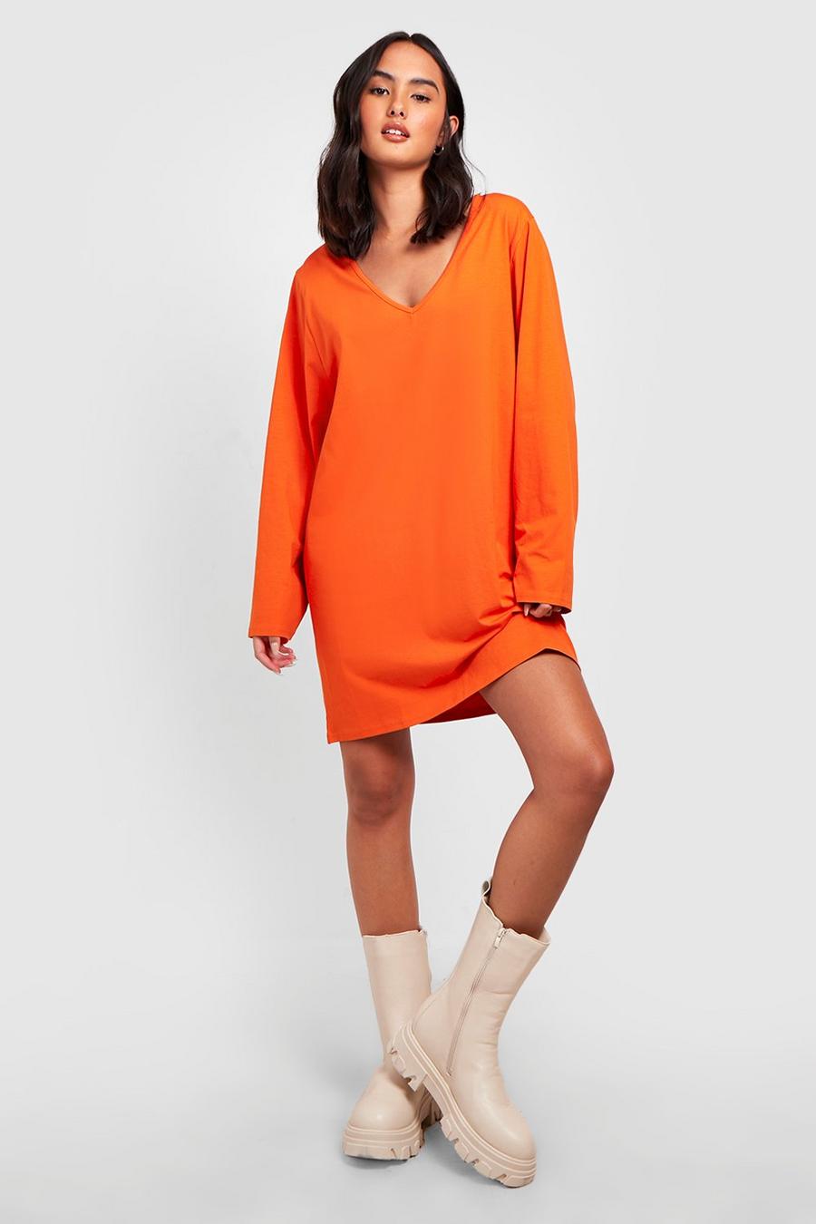 Orange V Neck Basic Long Sleeve T-Shirt Dress image number 1