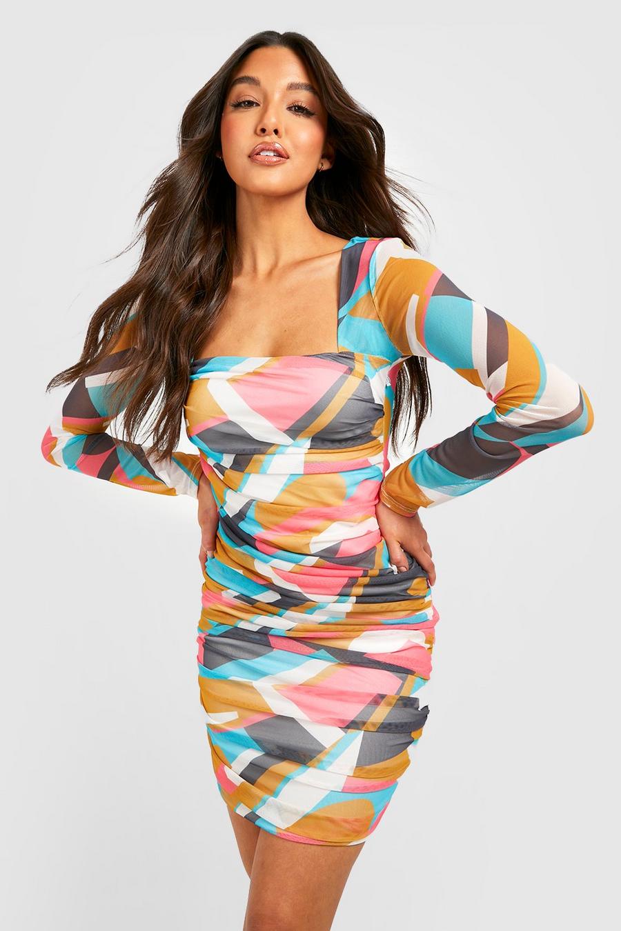 Multi Abstract Mesh Ruched Bodycon Dress