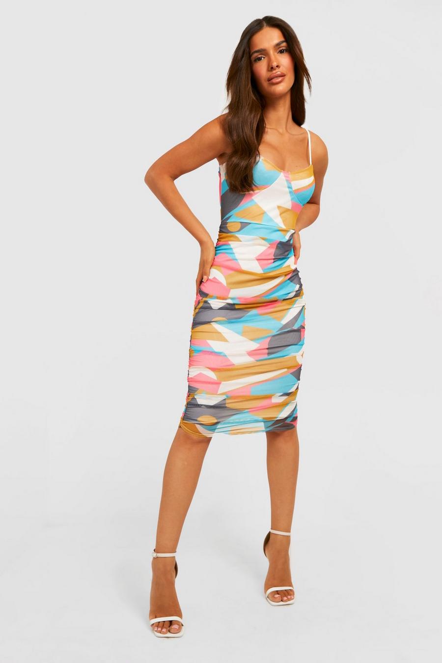 Multi multicolor Abstract Mesh Corset Detail Ruched Midi Dress
