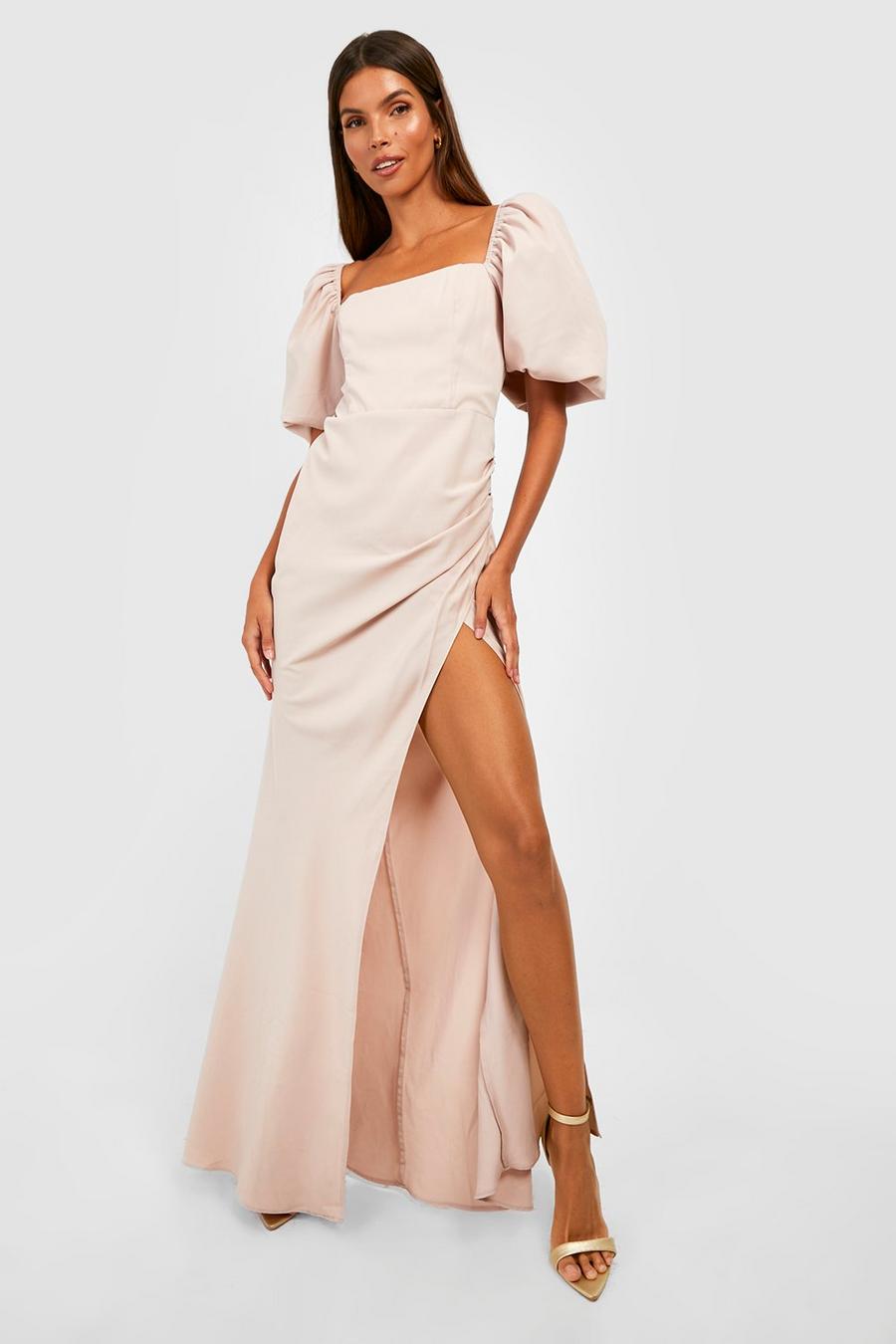 Champagne Satin Puff Sleeve Maxi Dress image number 1