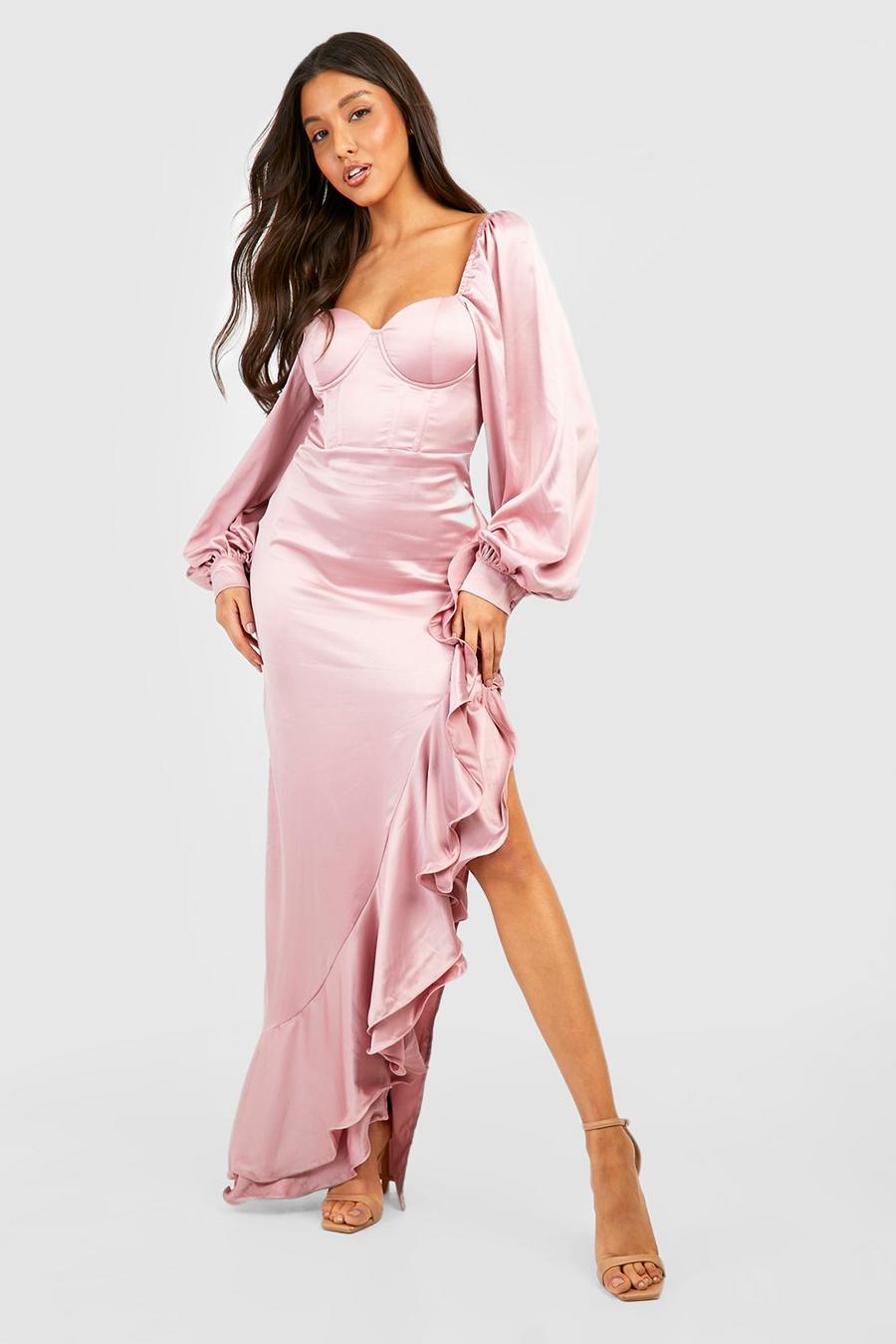 Rose pink Satin Corset Detail Ruffle Maxi Dress