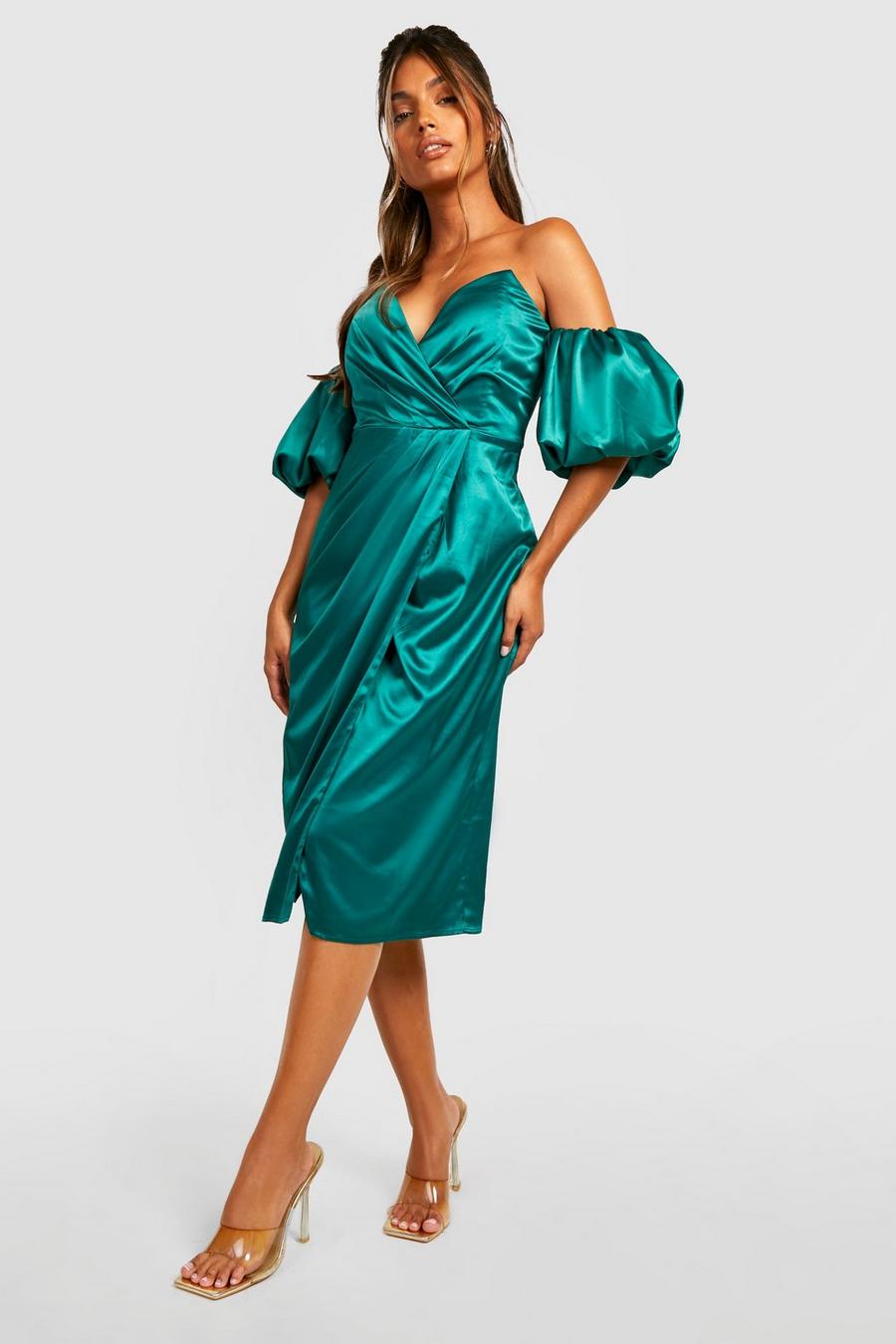 Emerald green Satin Puff Sleeve Wrap Midi Dress