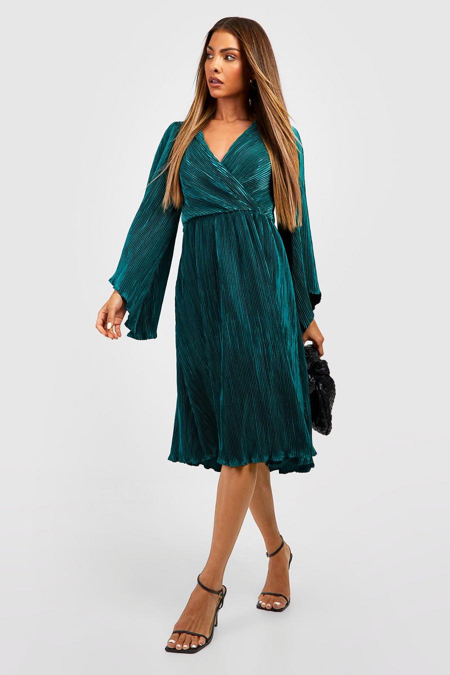 Emerald Plisse Wrap Flare Sleeve Midi Dress image number 1