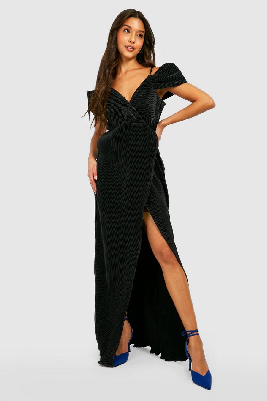Black Plisse Cold Shoulder Wrap Maxi Dress