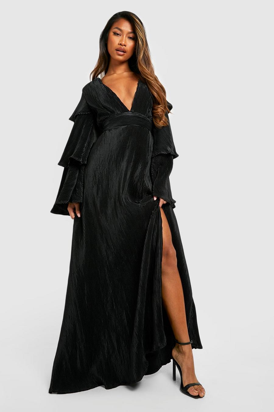 Black Plisse Layered Sleeve Maxi Dress image number 1