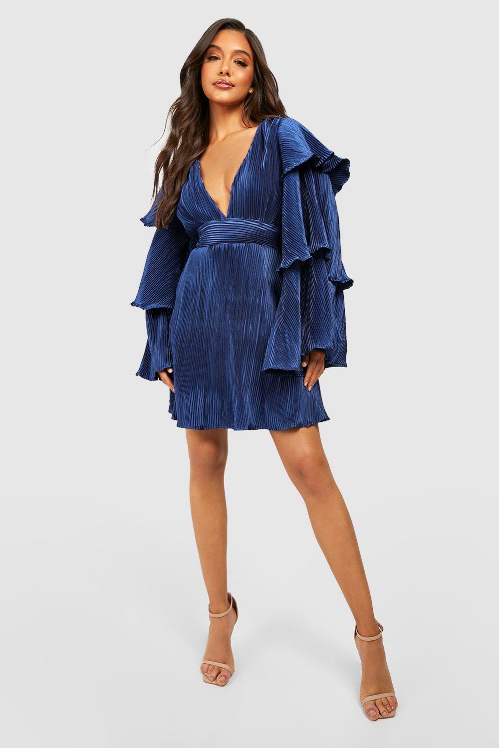 Navy plisse wrap front mini dress sale