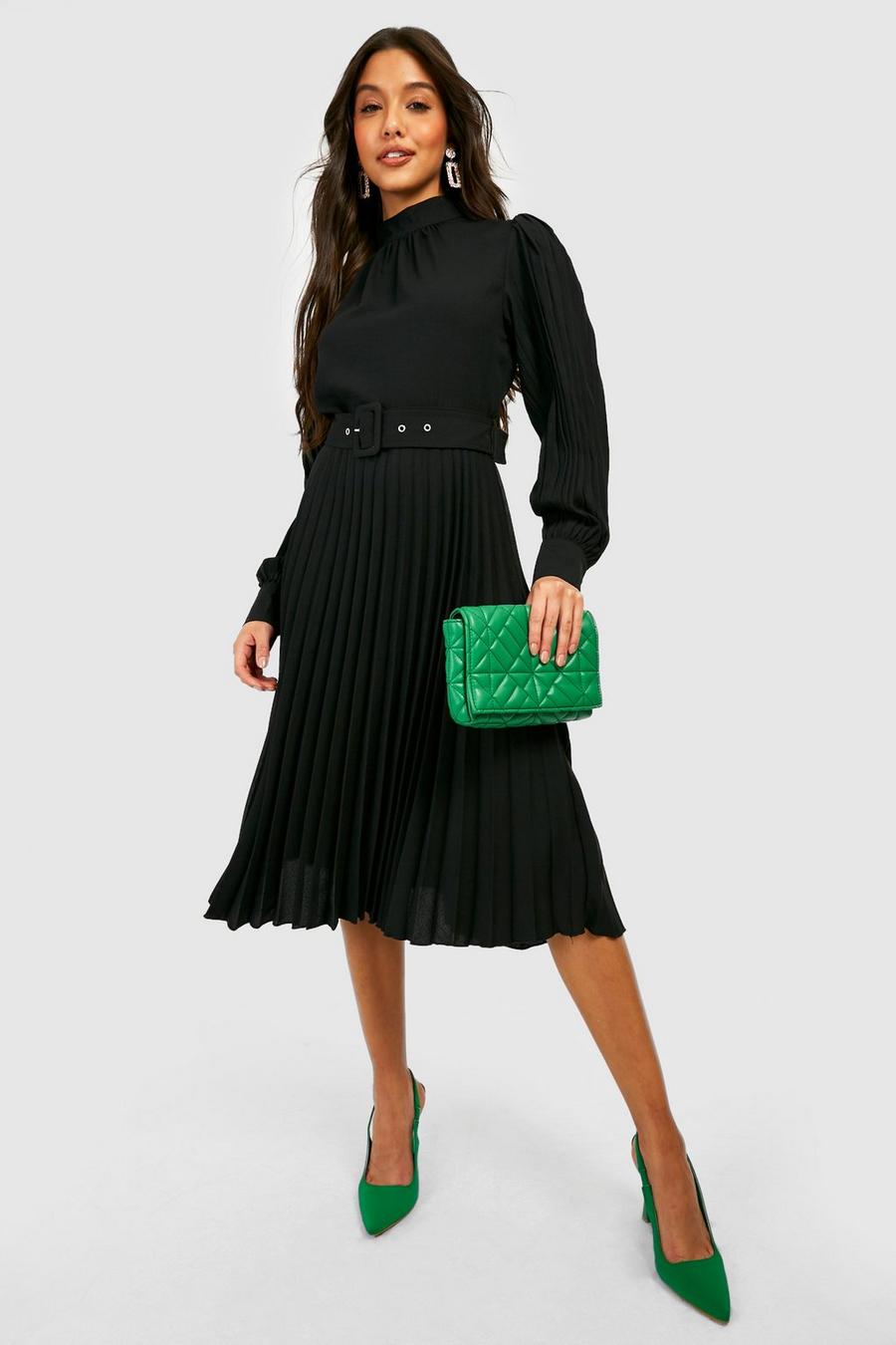 Black Pleated High Neck Belted Midi Dress image number 1