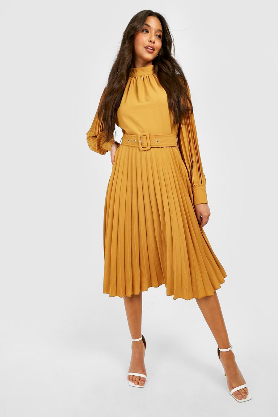 Mustard Pleated High Neck Belted Midi Dress image number 1