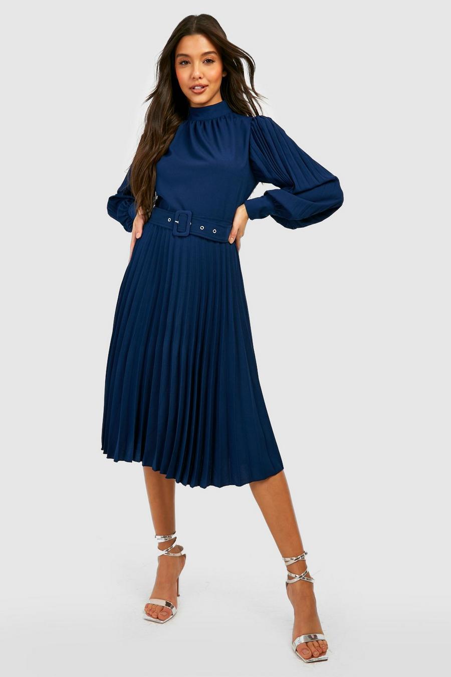 Navy Pleated High Neck Belted Midi Dress