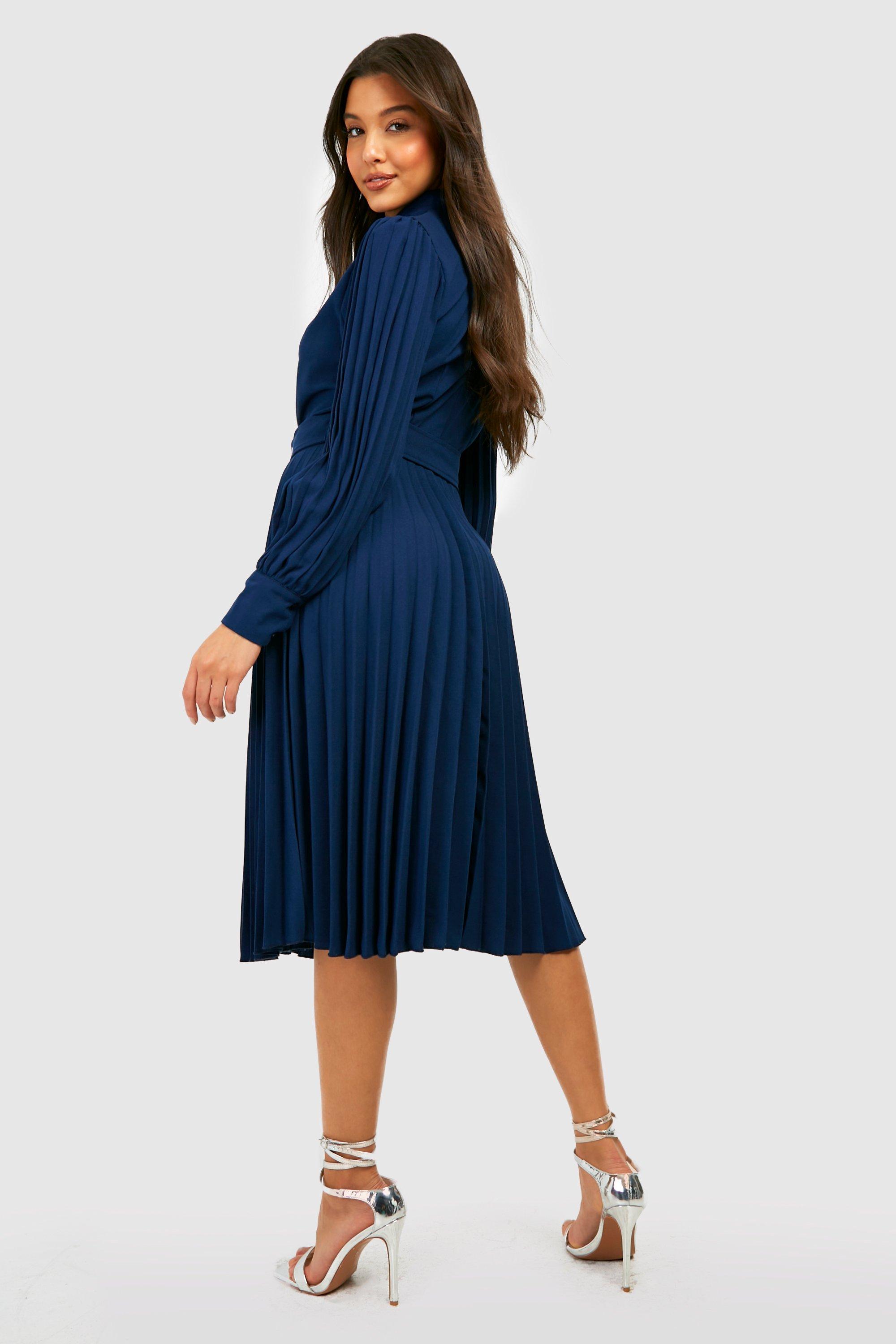 Pleated High Neck Belted Midi Dress