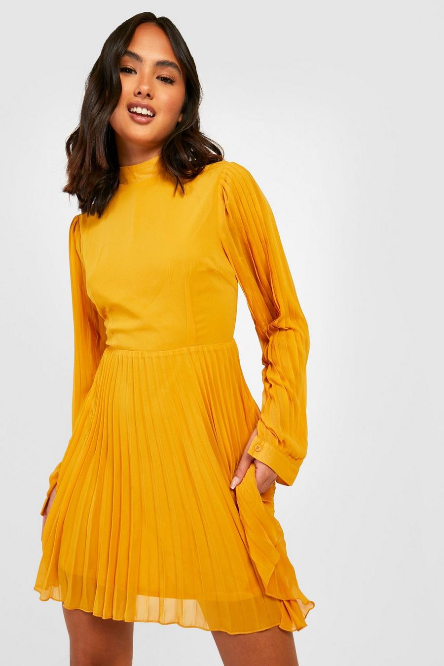 Mustard yellow Pleated High Neck Blouson Sleeve Skater Dress image number 1