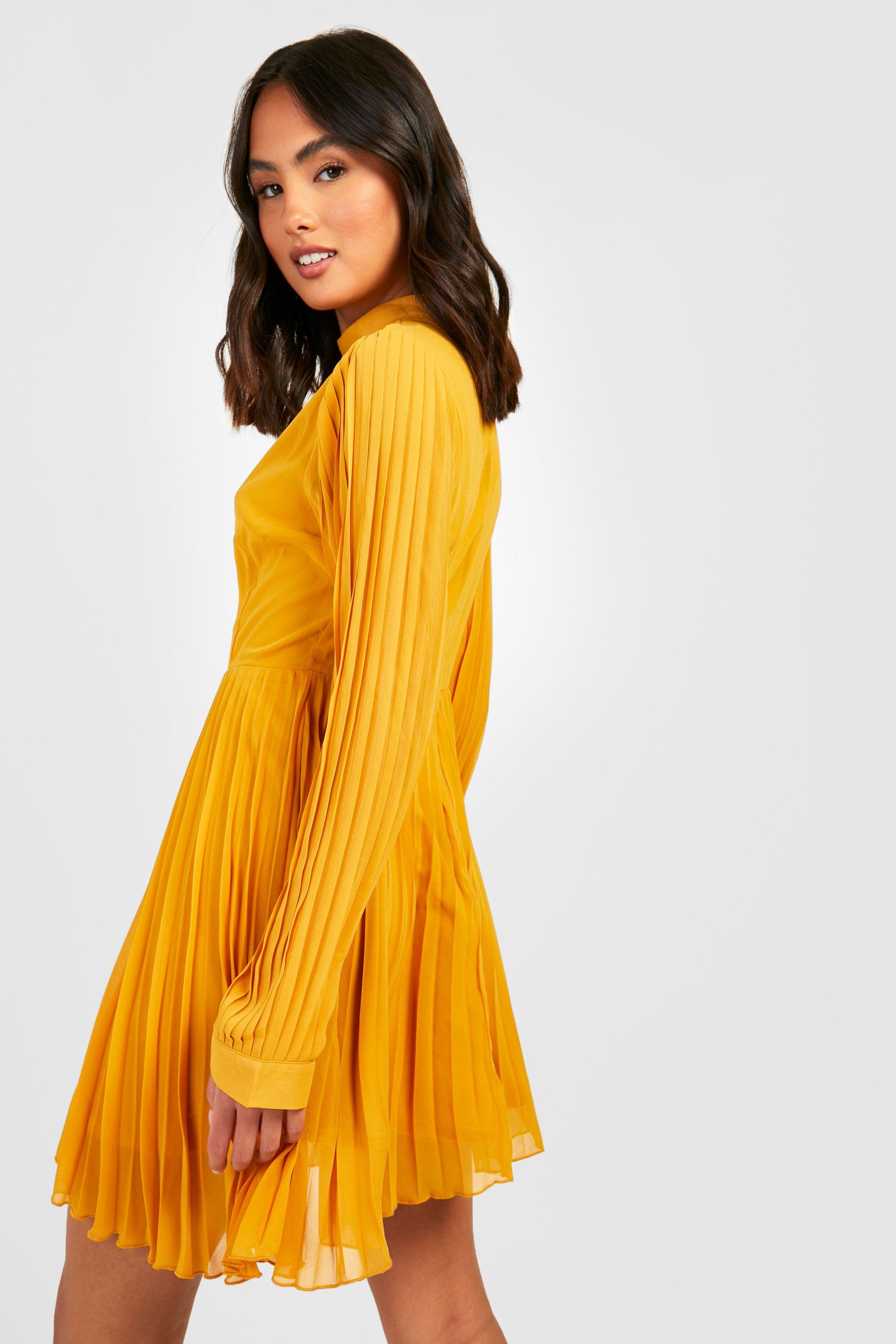 Pleated High Neck Blouson Sleeve Skater Dress