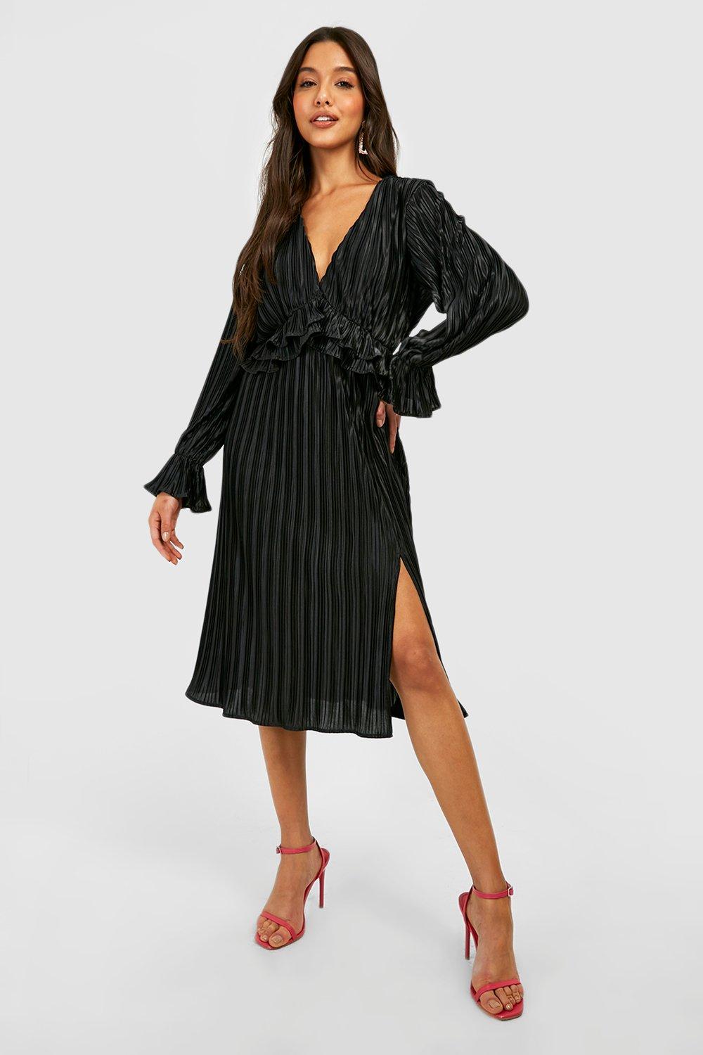 Black V Plunge Frill Midi Dress