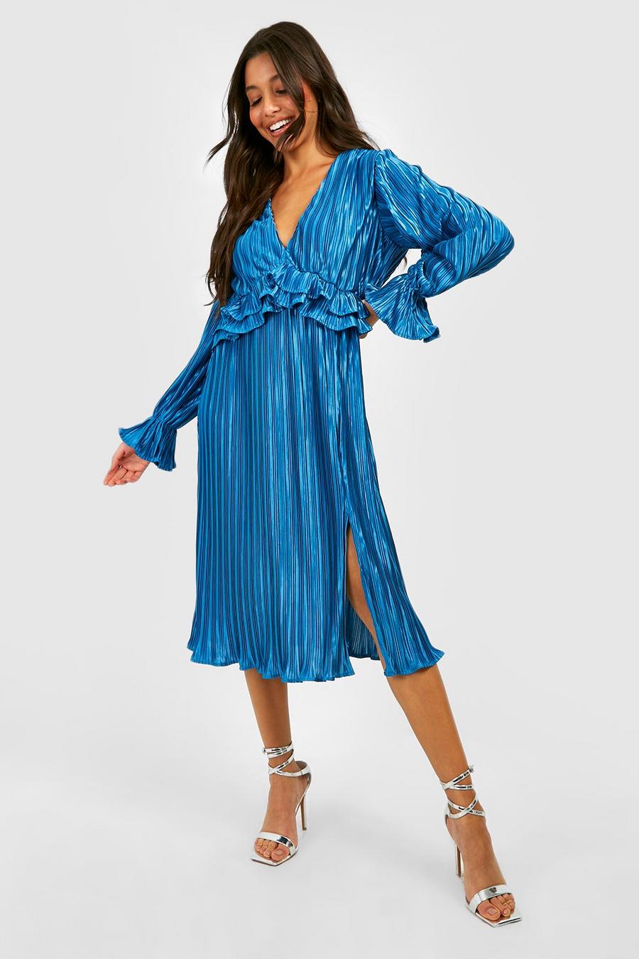Bright blue Pleated Plunge Ruffle Detail Midi Dress image number 1