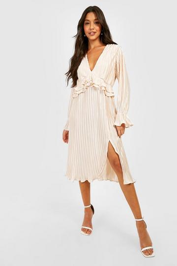 Champagne Beige Pleated Plunge Ruffle Detail Midi Dress