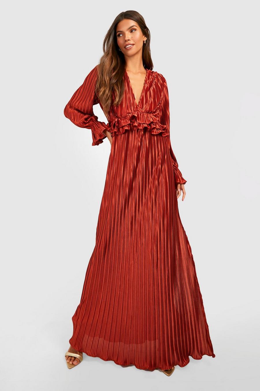 Rust Pleated Plunge Ruffle Detail Maxi Dress image number 1