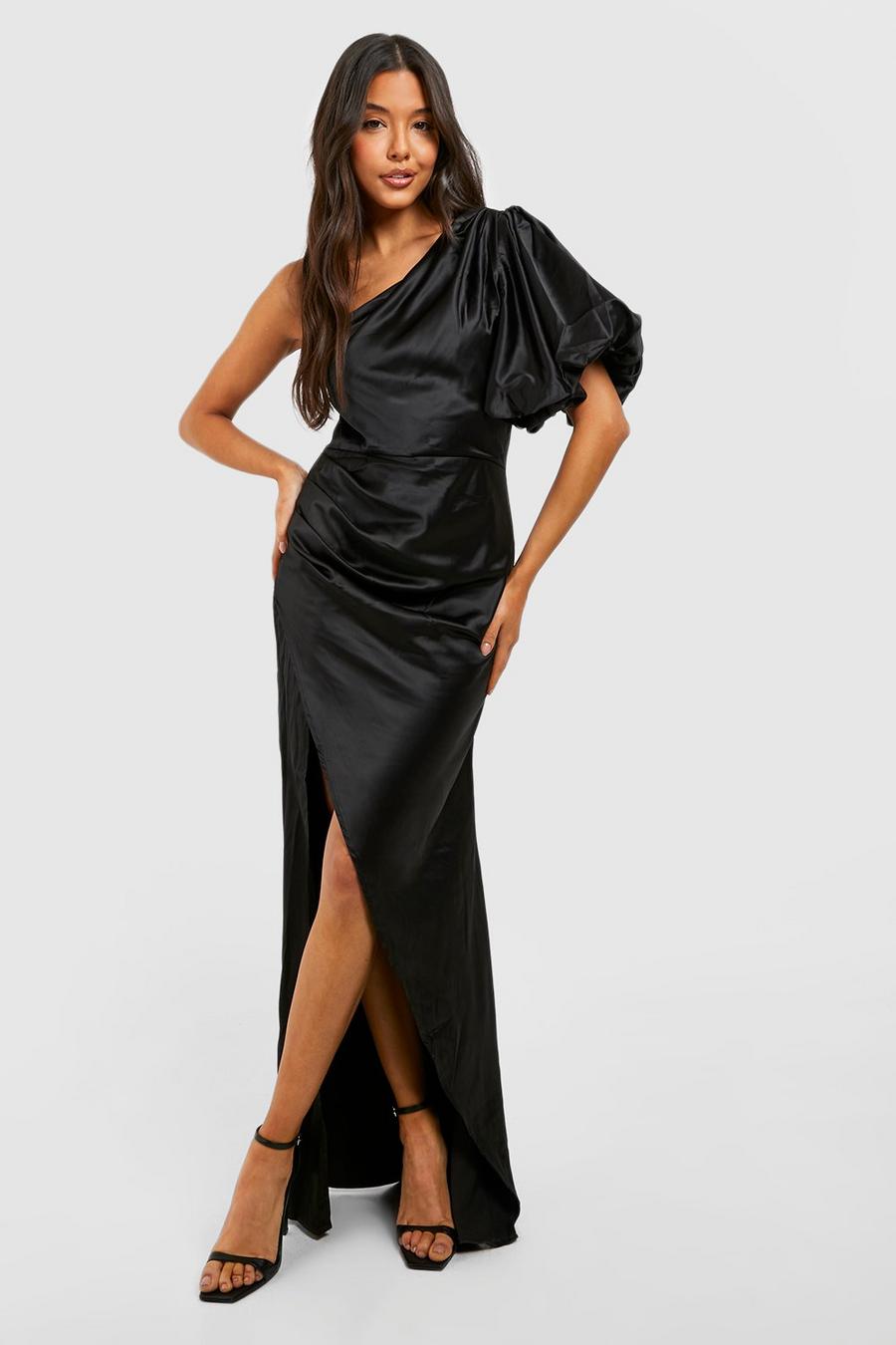 Black schwarz Puff One Shoulder Side Split Maxi Dress image number 1