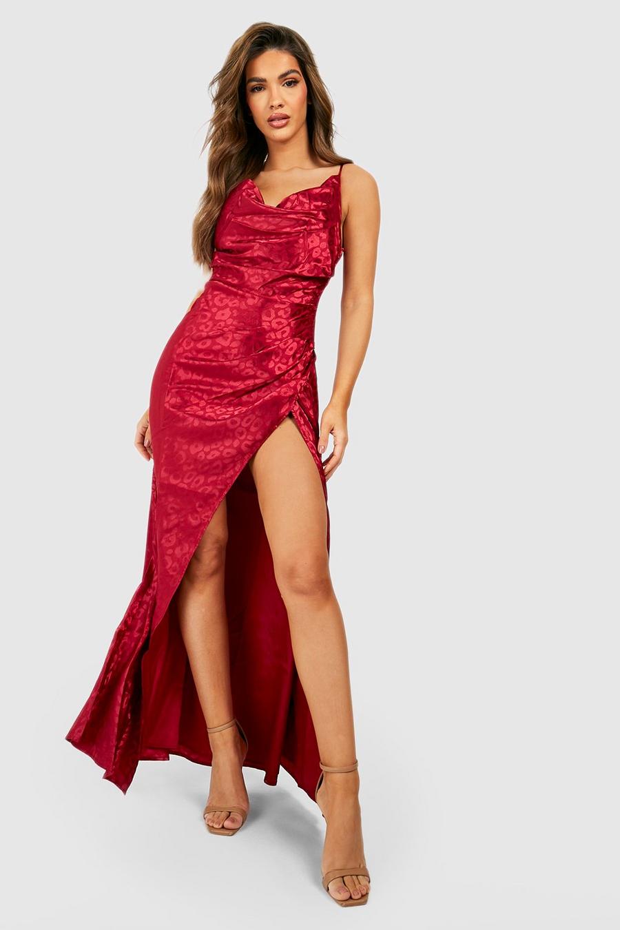 Wine red Satin Cowl Neck Ruched Maxi Dress image number 1