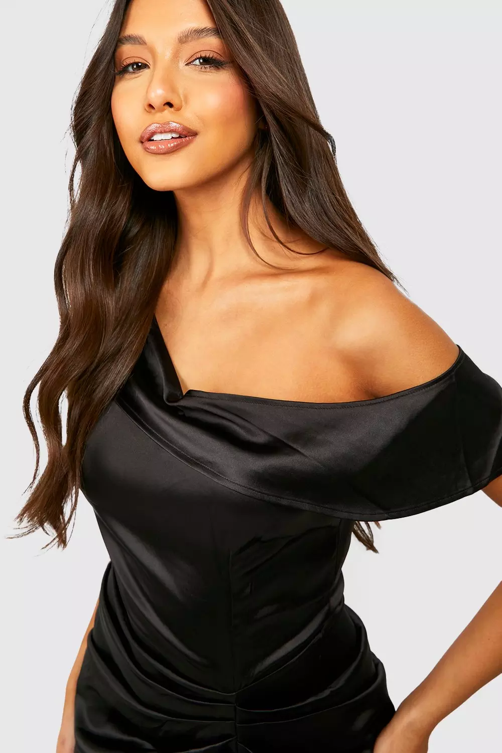 Black satin bardot outlet dress