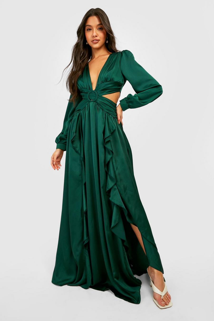Emerald Satin Ruffle Plunge Maxi Dress image number 1