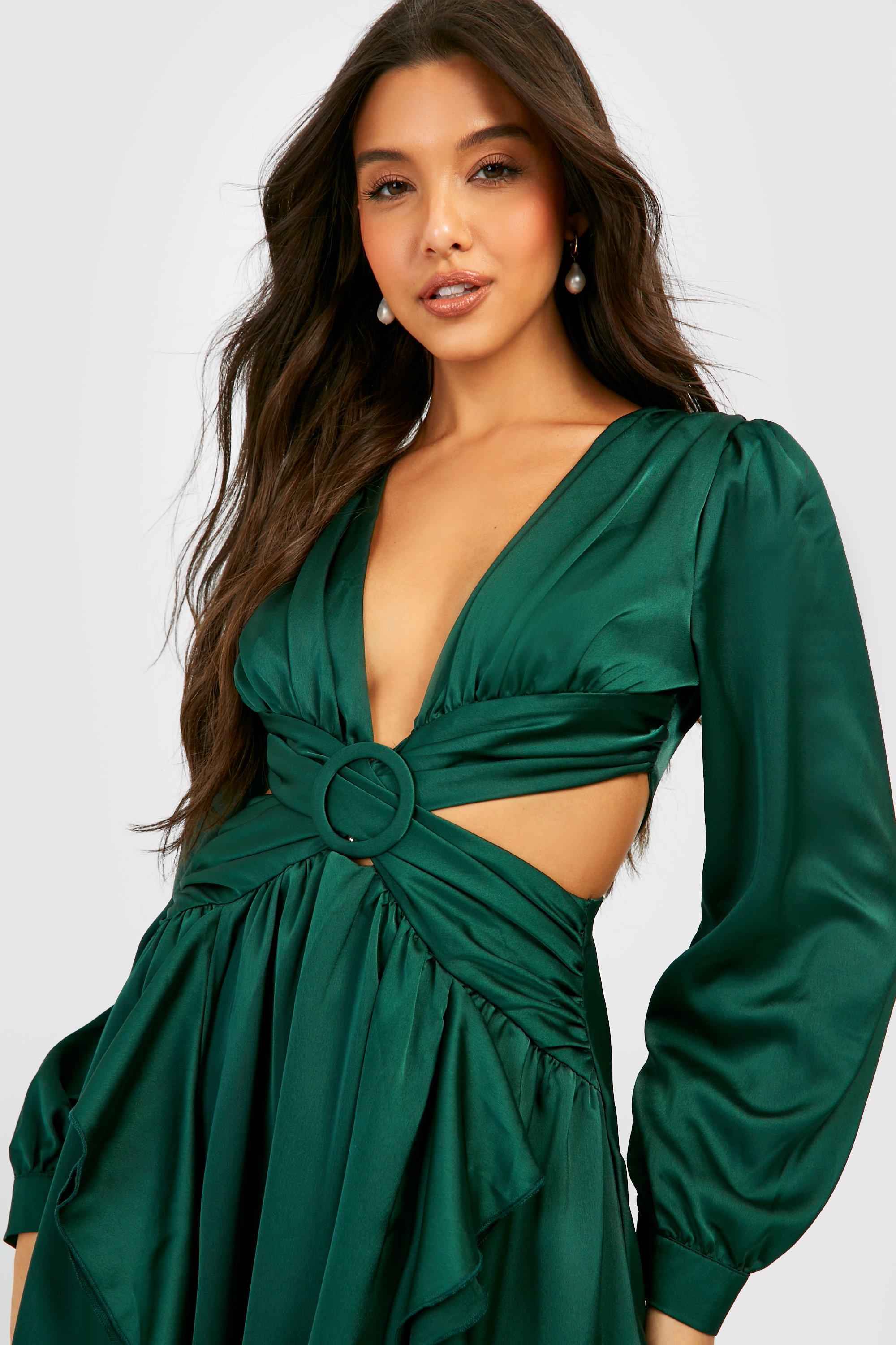 Women s Satin Ruffle Plunge Maxi Dress Boohoo UK