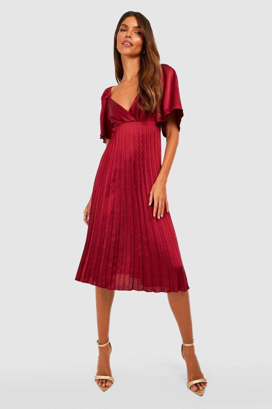 Wine red Pleated Angel Sleeve Midi Dress