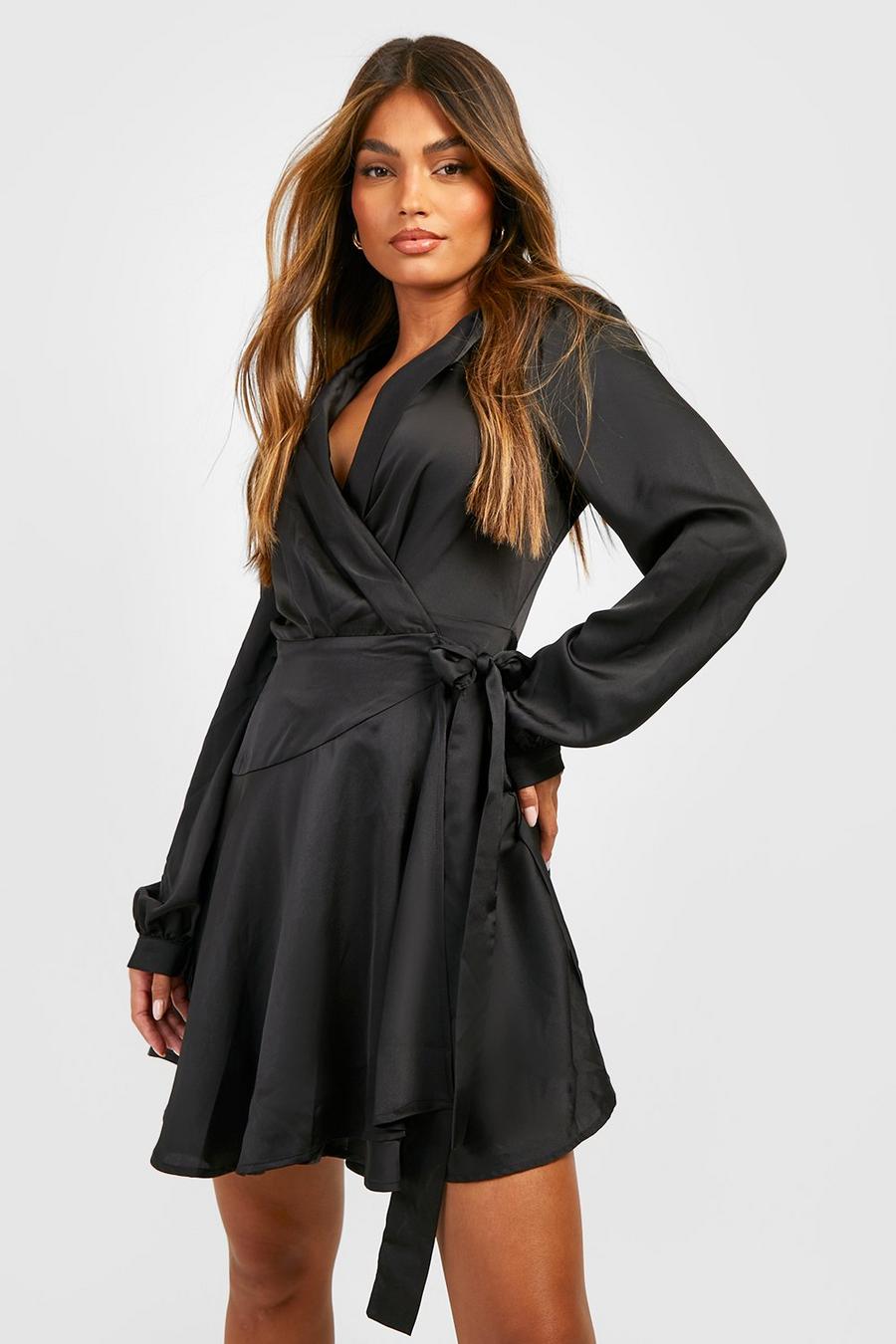 Mini Wickel-Kleid aus Satin, Black image number 1