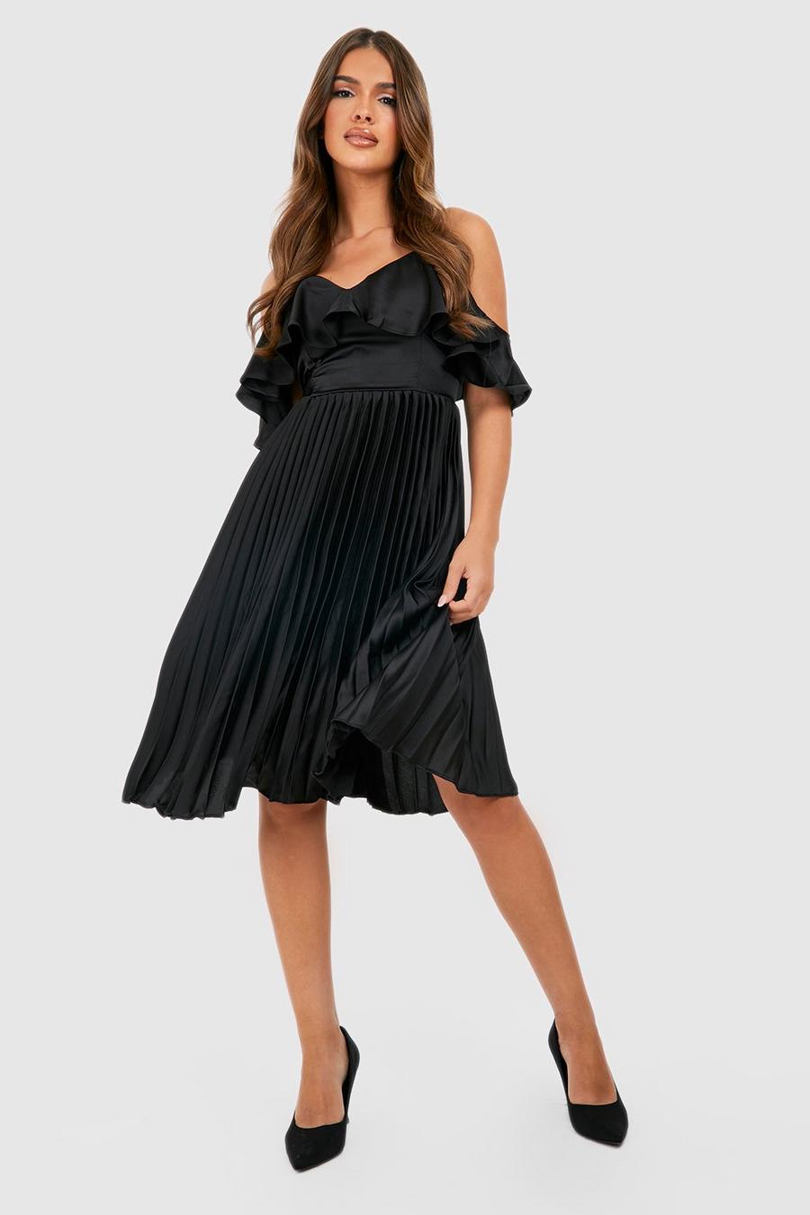 Black Satin Cold Shoulder Ruffle Midi Dress image number 1