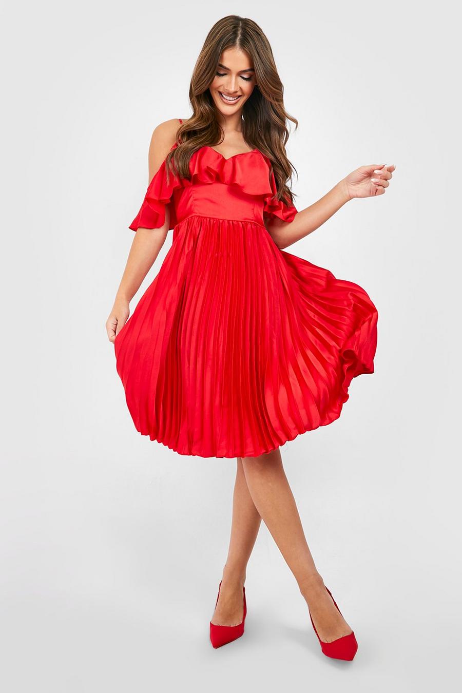 Red rouge Satin Cold Shoulder Ruffle Midi Dress