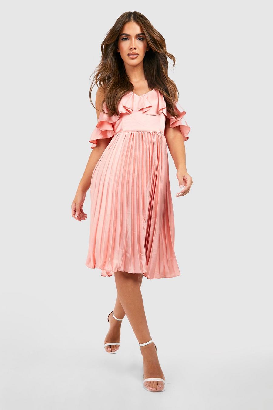 Rose pink Satin Cold Shoulder Ruffle Midi Dress